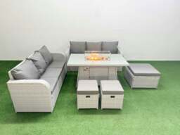 Rackhams Outdoor Garden Furniture Sets 9 Seater Wicker Rattan Furniture Sofa Sets with Fire Pit Dining Table high Back Lounge Sofa 3 Stools Light Grey - thumbnail 1