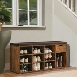 Rackhams 10 Compartment Shoe Storage Bench Industrial Rustic Brown