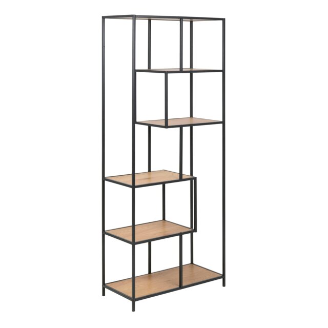 Rackhams Seaford Tall Black Metal Bookcase with 5 Oak Shelves - 1 - Black and Natural - Wood - image 1