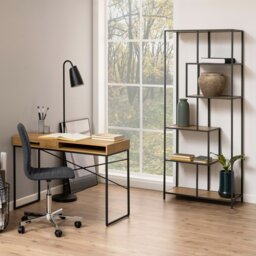 Rackhams Seaford Tall Black Metal Bookcase with 5 Oak Shelves - 1 - Black and Natural - Wood - thumbnail 5