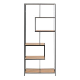 Rackhams Seaford Tall Black Metal Bookcase with 5 Oak Shelves - 1 - Black and Natural - Wood - thumbnail 2