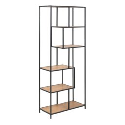 Rackhams Seaford Tall Black Metal Bookcase with 5 Oak Shelves - 1 - Black and Natural - Wood