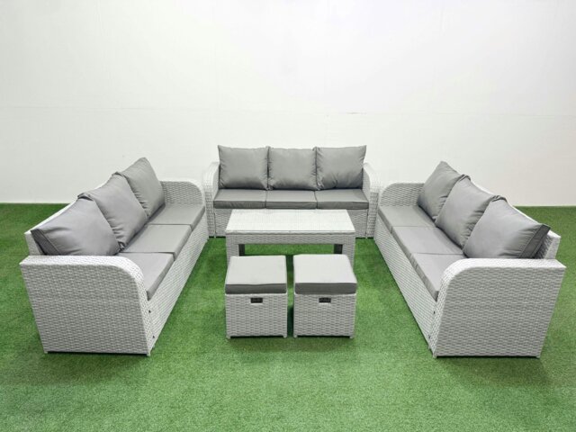 Rackhams PE Rattan Lounge Sofa Set 11 Seater Outdoor Garden Furniture Set with Oblong Coffee Table 3 Seater Sofa 2 Stools Light Grey - image 1