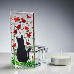Rackhams Fused Glass Tea Light Holder – Cat & Poppy Design (Handmade)