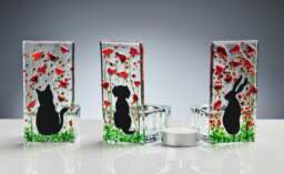 Rackhams Fused Glass Tea Light Holder – Cat & Poppy Design (Handmade) - thumbnail 2