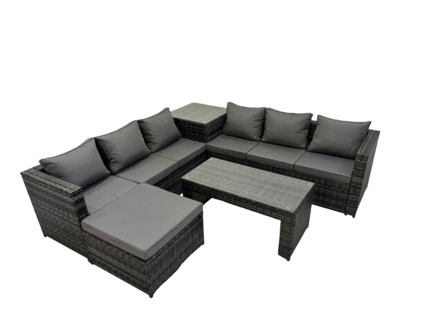 Rackhams Garden Rattan Outdoor Furniture Set 7 Seater Patio Corner Sofa Oblong Coffee Table with Big Stool Side Table Dark Grey - image 1