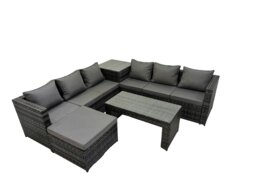 Rackhams Garden Rattan Outdoor Furniture Set 7 Seater Patio Corner Sofa Oblong Coffee Table with Big Stool Side Table Dark Grey - thumbnail 1