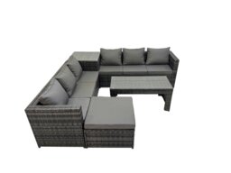Rackhams Garden Rattan Outdoor Furniture Set 7 Seater Patio Corner Sofa Oblong Coffee Table with Big Stool Side Table Dark Grey - thumbnail 2