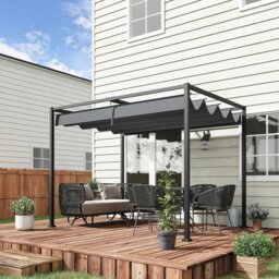 Rackhams 3 x 2m Metal Pergola Gazebo Patio Sun Shelter Retractable Canopy Grey - Khaki - Metal, Polyester - 400L x 300W x 222Hcm - thumbnail 3