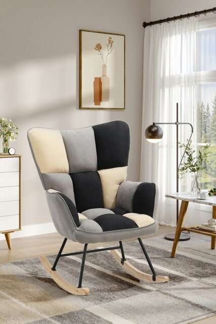 Rackhams Beige Grey Black Check Tufted Linen Patchwork Rocking Chair - Multi - image 1