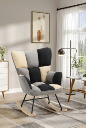 Rackhams Beige Grey Black Check Tufted Linen Patchwork Rocking Chair - Multi - thumbnail 1