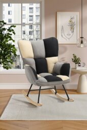Rackhams Beige Grey Black Check Tufted Linen Patchwork Rocking Chair - Multi - thumbnail 2