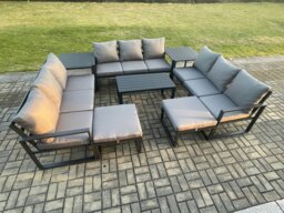 Rackhams Aluminium Outdoor Garden Furniture Set Lounge Sofa Oblong Coffee Table 2 PC Big Footstool 2 Side Tables Sets with Cushions Dark Grey 11 Seater - thumbnail 2