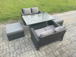 Rackhams 5 Pieces Garden Furniture Sets Poly Rattan Outdoor Patio Height Adjustable Rising Lifting Table Sofa Dining Set with 2 Big Footstool - thumbnail 2