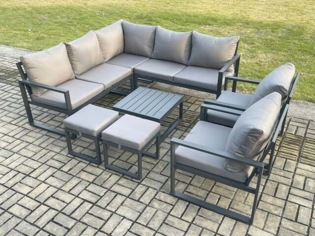 Rackhams 9 Seater Outdoor Aluminium Garden Furniture Set Corner Lounge Sofa Set with Square Coffee Table 2 Small Footstools Dark Grey