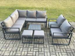 Rackhams 9 Seater Outdoor Aluminium Garden Furniture Set Corner Lounge Sofa Set with Square Coffee Table 2 Small Footstools Dark Grey - thumbnail 2