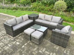 Rackhams Wicker PE Rattan Sofa Set Outdoor Patio Garden Furniture with Armchair Oblong Coffee Table Side Table 2 Small Footstools Dark Grey Mixed - thumbnail 2