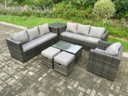 Rackhams Wicker PE Rattan Sofa Set Outdoor Patio Garden Furniture with Armchair Oblong Coffee Table Side Table 2 Small Footstools Dark Grey Mixed - thumbnail 1