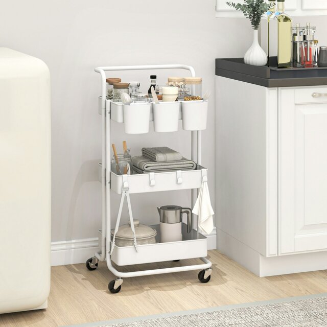 Rackhams 3-Tier Utility Cart, Rolling Serving Trolley with Baskets, Black - White - image 1