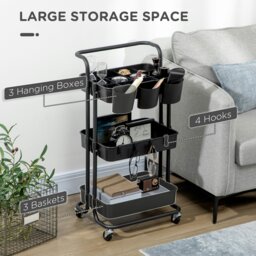 Rackhams 3-Tier Utility Cart, Rolling Serving Trolley with Baskets, Black - White - thumbnail 4