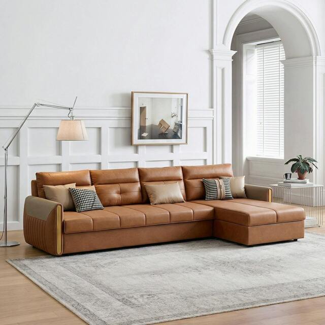 Rackhams Malhotra L Shape Sofa Bed, Small Corner Sofa Bed - Brown - Right Hand Facing - 250cm - image 1