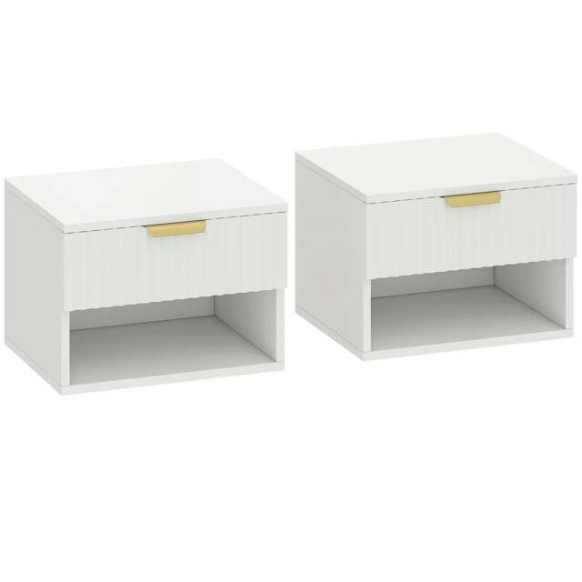 Rackhams Floating Nightstands Set of 2, Modern Wall Mounted Bedside Tables with Fluted Drawer and Open Shelf for Bedroom, White