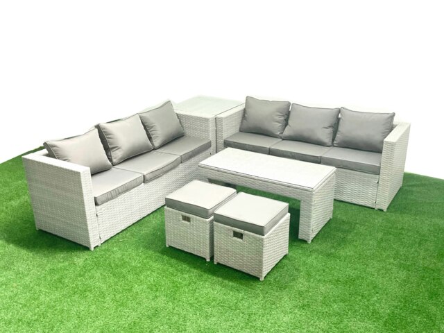 Rackhams 8 Seater Garden Outdoor Rattan Furniture Set Rattan Garden Sofa Oblong Coffee Table with 2 Small Footstool Side Table Light Grey Mixed - image 1