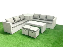 Rackhams 8 Seater Garden Outdoor Rattan Furniture Set Rattan Garden Sofa Oblong Coffee Table with 2 Small Footstool Side Table Light Grey Mixed - thumbnail 2
