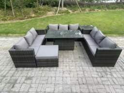 Rackhams 10-Seater Dark Grey Rattan Outdoor Sofa Set - Adjustable Rising Dining Table, Side Table, Large Footstool - thumbnail 2