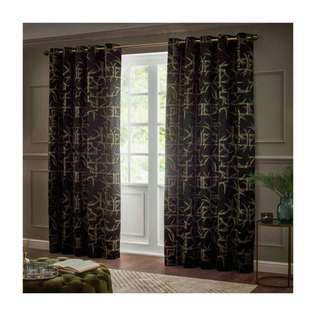 Rackhams Jacquard Bamboo Print Eyelet Curtains - Black - 229cm x 229cm - Black - 100% Polyester - image 1