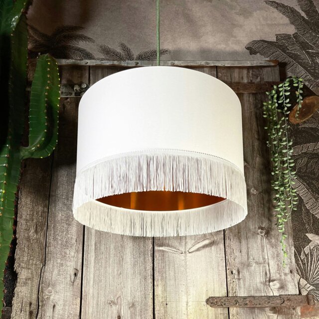 "Rackhams Crisp White Lampshade with Copper Foil Lining & White Fringing - Table / Floor Lamp - 25cm Diameter x 25cm Height / (10"" x 10"")" - image 1