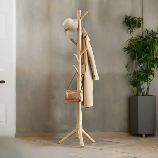 Rackhams Wooden Coat Stand Stand With 8 Hooks Natural Brown - image 1