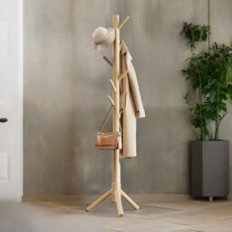 Rackhams Wooden Coat Stand Stand With 8 Hooks Natural Brown