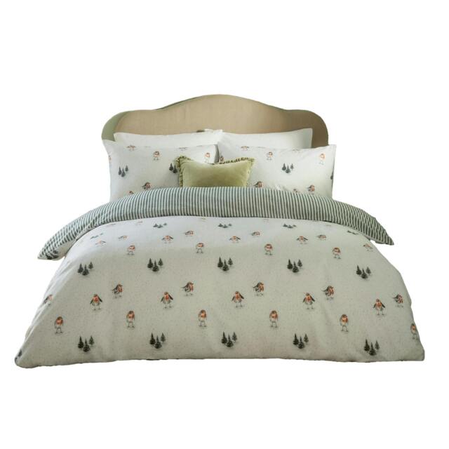 Rackhams Robins Return Reversible Brushed Cotton Duvet Cover Set - Cream/Pine - Double - Cream/Pine - 100% Cotton - image 1