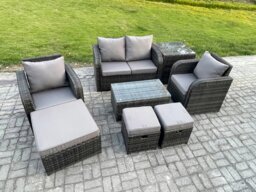 Rackhams Wicker PE Rattan Outdoor Furniture Set Garden Love Sofa Coffee Table 2 Armchair 3 Footstools Side Table Dark Grey Mixed - thumbnail 2