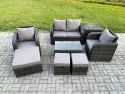 Rackhams Wicker PE Rattan Outdoor Furniture Set Garden Love Sofa Coffee Table 2 Armchair 3 Footstools Side Table Dark Grey Mixed - thumbnail 1