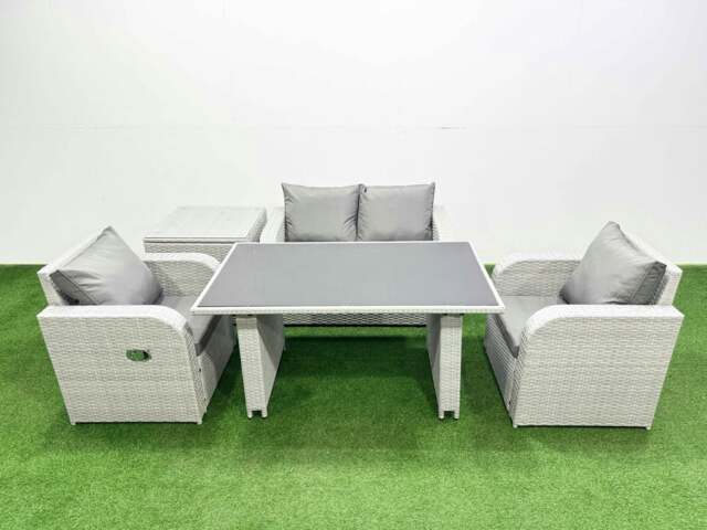 Rackhams Outdoor Rattan Garden Furniture Dining Set 4 seater Patio Rectangular Table Love Sofa Reclining Chair Set with Side Table - image 1