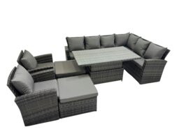 Rackhams 10 Seat Rattan Garden Furniture Corner Sofa Set Outdoor Adjustable Lifting Dining or Coffee Table Set with 2 Big Footstools Dark Grey Mixed - thumbnail 1