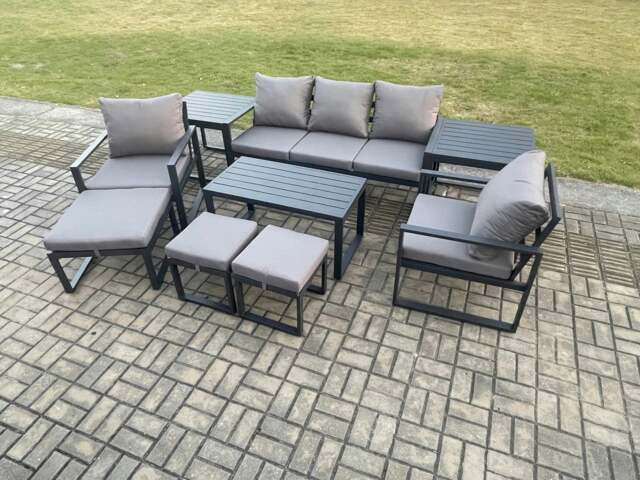 Rackhams Aluminium 9 Pieces Garden Furniture Sofa Set with Cushions 8 Seater Outdoor Patio Set with 2 Armchair 3 Footstools 2 Side Table Dark Grey - image 1