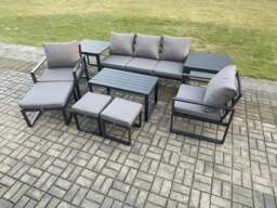 Rackhams Aluminium 9 Pieces Garden Furniture Sofa Set with Cushions 8 Seater Outdoor Patio Set with 2 Armchair 3 Footstools 2 Side Table Dark Grey - thumbnail 1