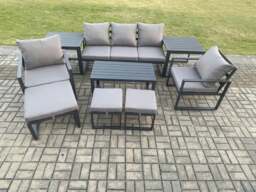 Rackhams Aluminium 9 Pieces Garden Furniture Sofa Set with Cushions 8 Seater Outdoor Patio Set with 2 Armchair 3 Footstools 2 Side Table Dark Grey - thumbnail 2