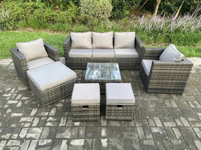 Rackhams Wicker Rattan Garden Furniture Sofa Set with Armchair Square Coffee Table 3 Footstools Dark Grey Mixed - image 1