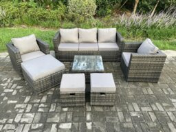 Rackhams Wicker Rattan Garden Furniture Sofa Set with Armchair Square Coffee Table 3 Footstools Dark Grey Mixed - thumbnail 2