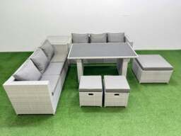Rackhams Rattan Garden Furniture Dining Set 9 seater Patio Rectangular Table Sofa Set with Side Table 3 Stools Light Grey