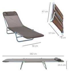 Rackhams Outdoor Foldable Sun Lounger, Adjustable Backrest Garden Recliner Sun Lounger Chair with Headrest Pillow, Coffee - thumbnail 3