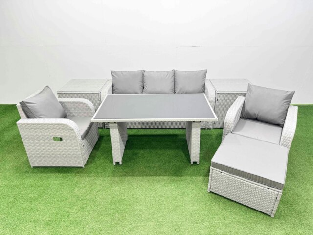 Rackhams Outdoor Rattan Garden Furniture Dining Set 6 seater Patio Rectangular Table 3 Seater Sofa Reclining Chair Set with 2 Side Tables Big Stool - image 1