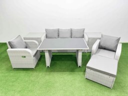 Rackhams Outdoor Rattan Garden Furniture Dining Set 6 seater Patio Rectangular Table 3 Seater Sofa Reclining Chair Set with 2 Side Tables Big Stool - thumbnail 1