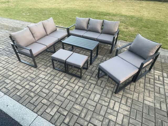 Rackhams Aluminium 7 Pieces Garden Furniture Set with Cushions 10 Seater Outdoor Patio Lounge Sofa Set with Armchair 3 Footstools Dark Grey - image 1