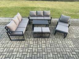 Rackhams Aluminium 7 Pieces Garden Furniture Set with Cushions 10 Seater Outdoor Patio Lounge Sofa Set with Armchair 3 Footstools Dark Grey - thumbnail 2