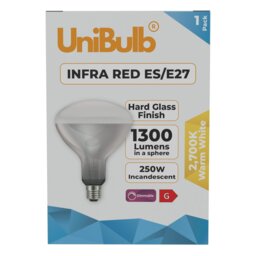 Rackhams Infra-Red Heater Lamp Bulb E27 1300lm 250W 2700K - Pack of 1